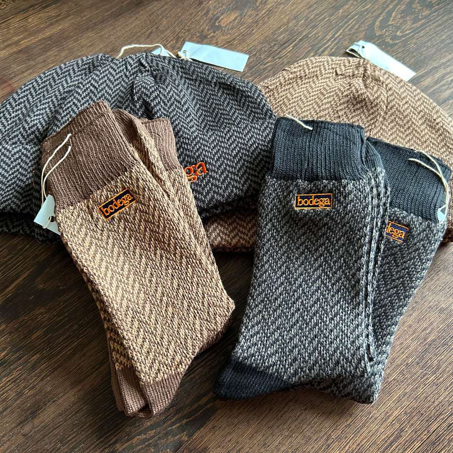 FULL SET of 4 - Druthers & Bodega Herringbone Hats and Socks (MADE IN JAPAN) - Brown/Charcoal