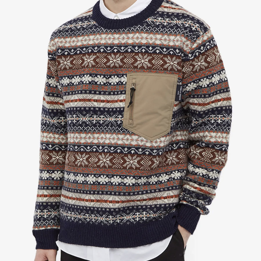 COMME DES GARÇONS HOMME ZIP POCKET FAIRISLE CREW KNIT - NAVY - MEDIUM