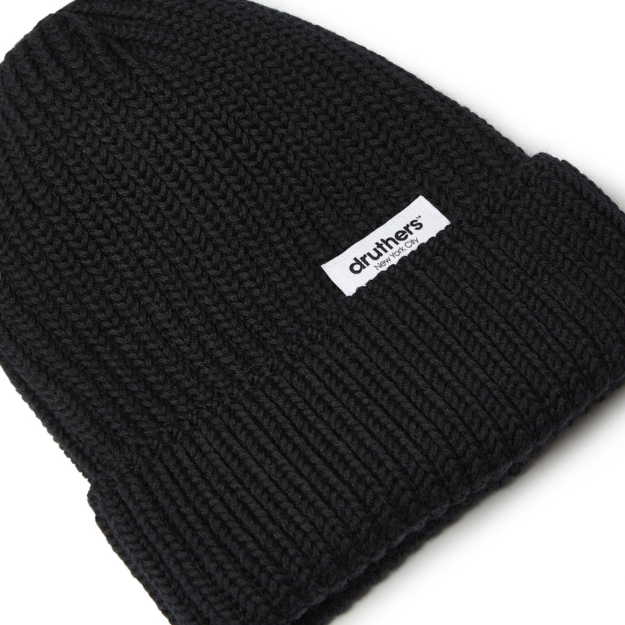 Merino Wool Big Knit Cardigan Beanie - Black