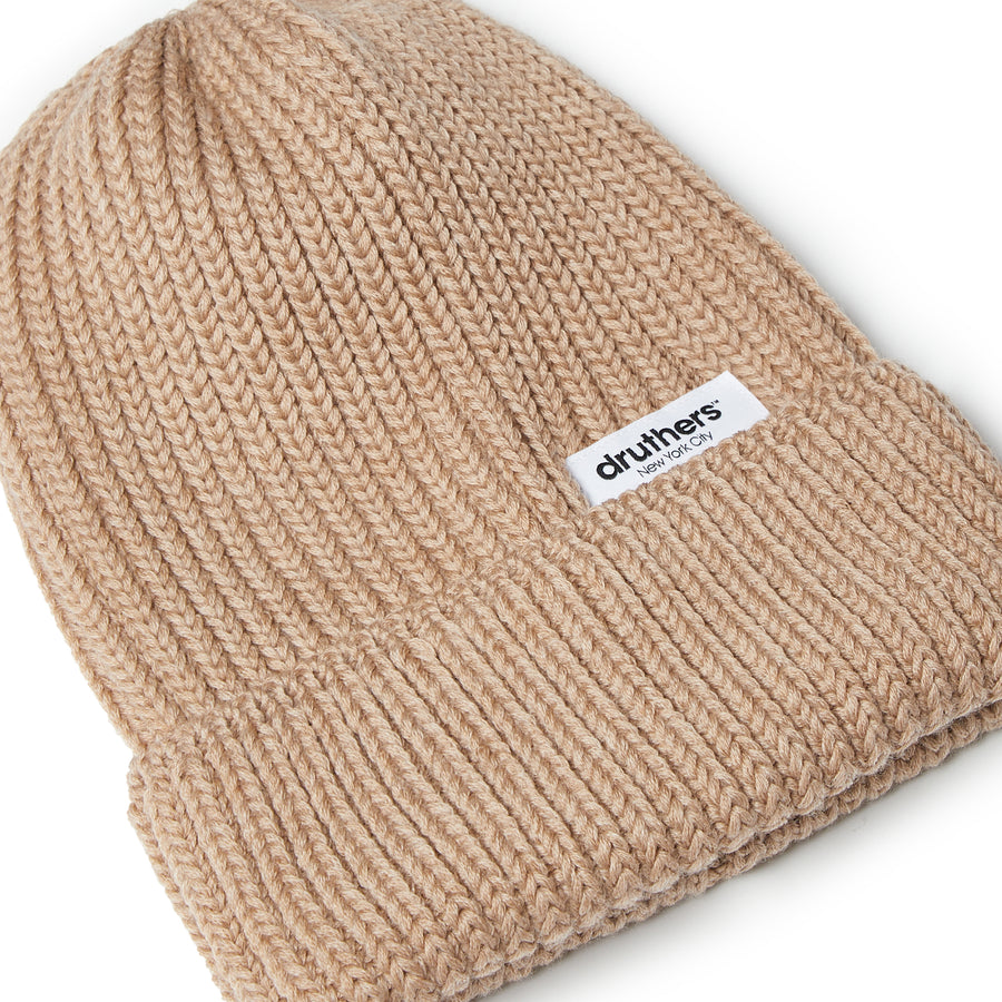 Merino Wool Big Knit Cardigan Beanie - Camel